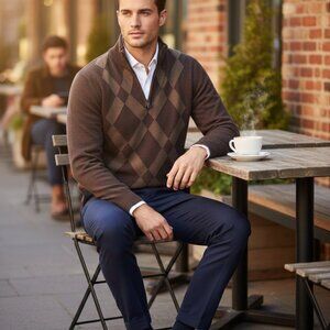 [Spring + Mercer] Luxury Cotton Cashmere Argyle Quarter-Zip Sweater